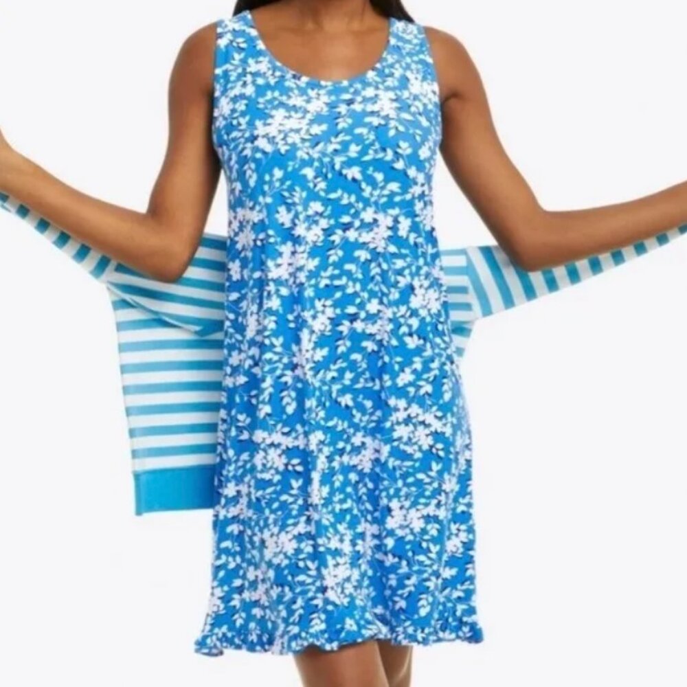 Draper James Ruffle Nightie Pyjama Blue and White Floral Preppy NWT Size S/M